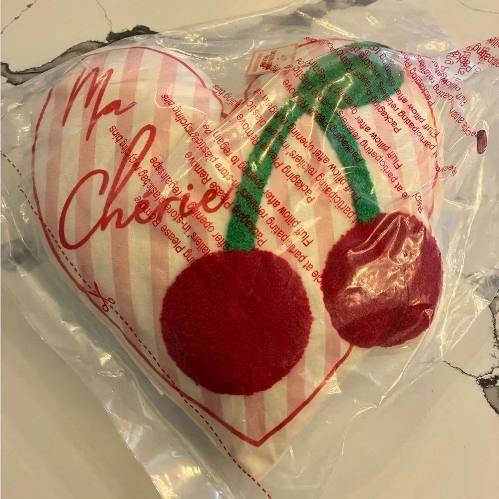 Heart Pillow with Red and Green Cherries